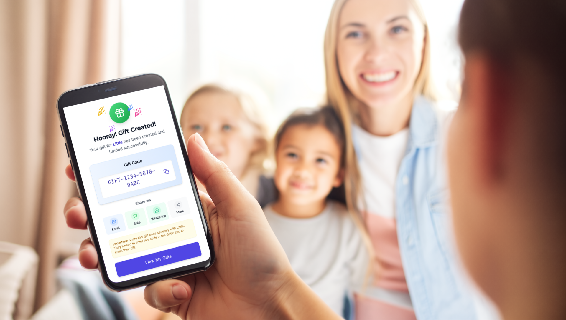 Family celebrating a time-locked cryptocurrency gift created with Giftic